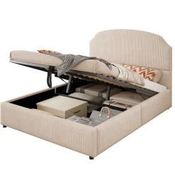 Okwish Lit Coffre 140x200 cm - Lit Double Adulte Capitonné avec Rangement Intégré, sans Matelas - Velours Beige