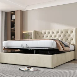 Okwish Lit coffre 180x200 cm - Lit double avec sommier à lattes et coffre hydraulique - Velours - Sans Matelas - Beige Sale