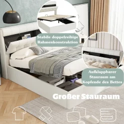 Okwish Lit Coffre 160x200 cm - Lit Double Capitonné avec Tête de Lit et Rangement Caché - PU - Sans Matelas - Blanc