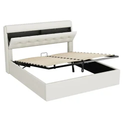 Okwish Lit Coffre 160x200 cm - Lit Double Capitonné avec Tête de Lit et Rangement Caché - PU - Sans Matelas - Blanc