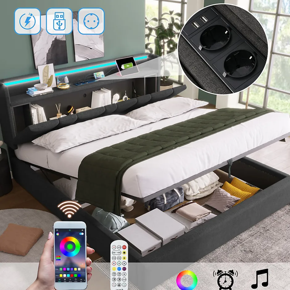 Generique Lit Coffre 140x200 cm - Lit Double Rembourré - Tête de Lit avec Rangement - Lin - Sans Matelas - Gris