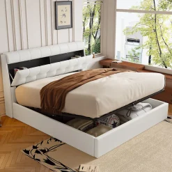 Okwish Lit Coffre 140x190 cm - Lit Double Capitonné avec Tête de Lit et Rangement Caché - PU - Sans Matelas - Blanc