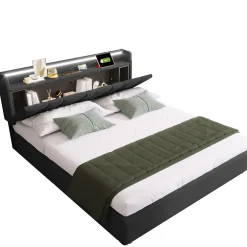 Generique Lit Coffre 160x200 cm - Lit Double Rembourré - Tête de Lit avec Rangement - Lin - Sans Matelas - Gris