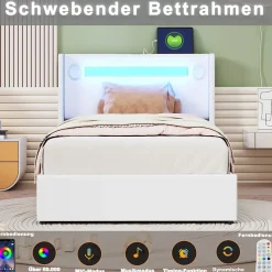 Okwish Lit Coffre 90x200 cm - Lit enfant capitonné avec LED, Lecteur Bluetooth et Port USB, Coffre de Rangement Simili Cuir Blanc