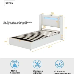 Okwish Lit Coffre 90x200 cm - Lit enfant capitonné avec LED, Lecteur Bluetooth et Port USB, Coffre de Rangement Simili Cuir Blanc