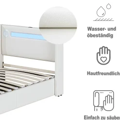 Okwish Lit Coffre 90x200 cm - Lit enfant capitonné avec LED, Lecteur Bluetooth et Port USB, Coffre de Rangement Simili Cuir Blanc