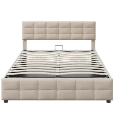 Okwish Lit Coffre 180x200 cm - Lit Hydraulique avec Rangement Sous Le Lit et Sommier À Lattes, Velours Beige, Sans Matelas Hot