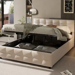 Okwish Lit Coffre 180x200 cm - Lit Hydraulique avec Rangement Sous Le Lit et Sommier À Lattes, Velours Beige, Sans Matelas Hot