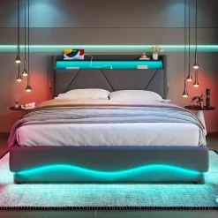 Okwish Lit Coffre 160x200 cm - Lit Rembourré avec Éclairage LED et Ports USB Type-C, Tête de Lit à Étagères - sans Matelas - Gris Foncé