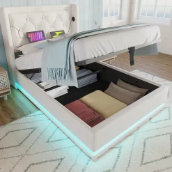 Okwish Lit coffre 90x200 cm - Lit simple rembourré avec USB Type-C et LED - PU - Matelas Inclus - Blanc