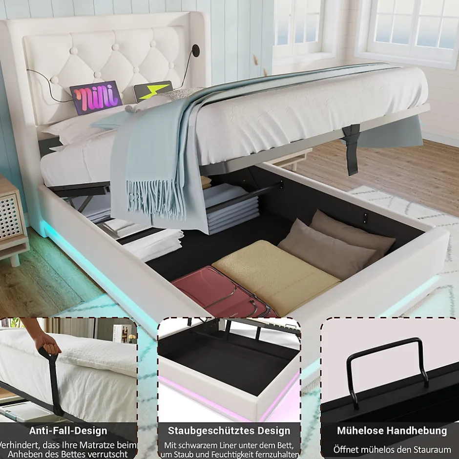 Okwish Lit coffre 90x200 cm - Lit simple rembourré avec USB Type-C et LED - PU - Matelas Inclus - Blanc