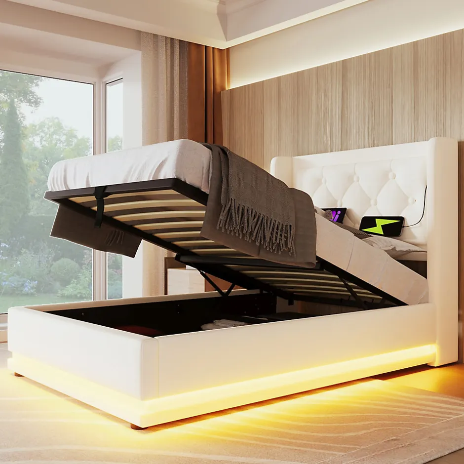 Okwish Lit coffre 90x200 cm - Lit simple rembourré avec USB Type-C et LED - PU - Matelas Inclus - Blanc