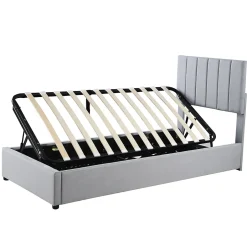 Okwish Lit coffre 90x200 cm - Lit simple avec ouverture hydraulique - en lin - Sans Matelas - Gris