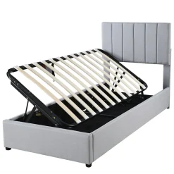 Okwish Lit coffre 90x200 cm - Lit simple avec ouverture hydraulique - en lin - Sans Matelas - Gris