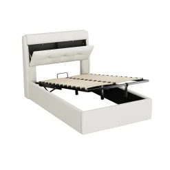 Okwish Lit Coffre 90x200 cm - Lit Simple Capitonné avec Tête de Lit et Rangement Caché - PU - Sans Matelas - Blanc Best