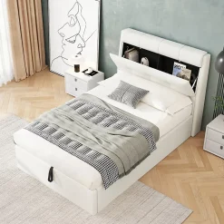 Okwish Lit Coffre 90x200 cm - Lit Simple Capitonné avec Tête de Lit et Rangement Caché - PU - Sans Matelas - Blanc Best