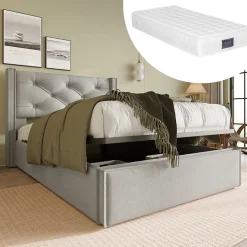 Okwish Lit coffre 90x200 cm - Lit simple capitonné avec sommier métallique - Bois massif + Métal - avec Matelas - Gris clair