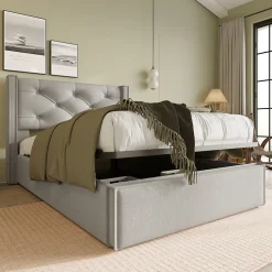 Okwish Lit coffre 90x200 cm - Lit simple capitonné avec sommier métallique - Bois massif + Métal - avec Matelas - Gris clair
