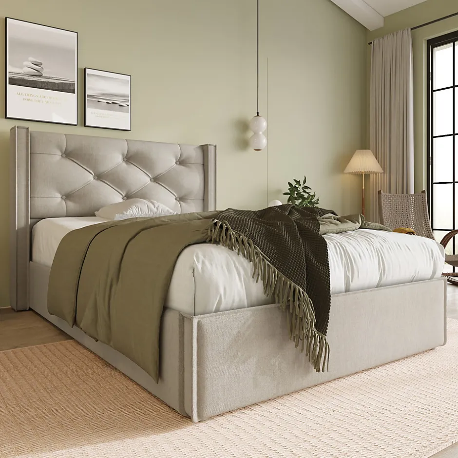 Okwish Lit coffre 90x200 cm - Lit simple capitonné avec sommier métallique - Bois massif + Métal - avec Matelas - Gris clair