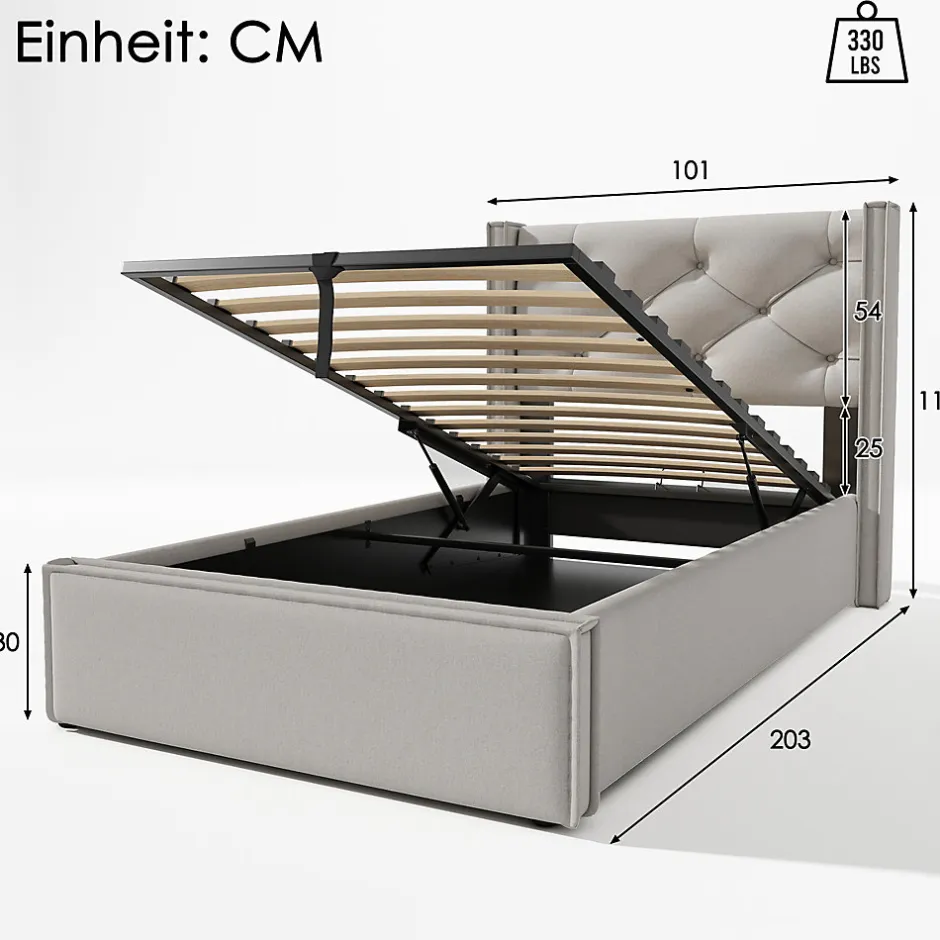 Okwish Lit coffre 90x200 cm - Lit simple capitonné avec sommier métallique - Bois massif + Métal - avec Matelas - Gris clair