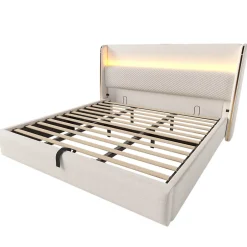 Okwish Lit Coffre 90x200 Cm - Lit Simple Moderne Avec Sommier Relevable Et Éclairage LED - Tissu Aspect Lin Beige Sale