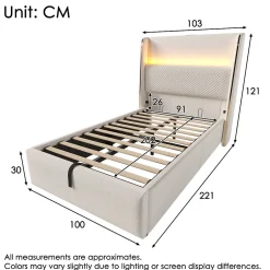 Okwish Lit Coffre 90x200 Cm - Lit Simple Moderne Avec Sommier Relevable Et Éclairage LED - Tissu Aspect Lin Beige Sale