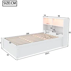 Okwish Lit Coffre 90x200 cm - Lit Simple avec Rangement, Tiroirs et Prises USB, Bois de Pin et MDF, Blanc - Sans Matelas