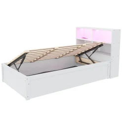 Okwish Lit Coffre 90x200 cm - Lit Simple avec Rangement, Tiroirs et Prises USB, Bois de Pin et MDF, Blanc - Sans Matelas