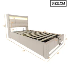 Okwish Lit Coffre 90x200 cm - Lit Simple avec Rangement, Éclairage LED Télécommandé et Prise USB, Sans Matelas, Beige