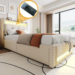 Okwish Lit Coffre 90x200 cm - Lit Simple avec Rangement, Éclairage LED Télécommandé et Prise USB, Sans Matelas, Beige