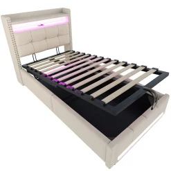 Okwish Lit Coffre 90x200 cm - Lit Simple avec Rangement, Éclairage LED Télécommandé et Prise USB, Sans Matelas, Beige
