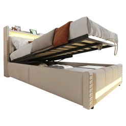 Okwish Lit Coffre 90x200 cm - Lit Simple avec Rangement, Éclairage LED Télécommandé et Prise USB, Sans Matelas, Beige
