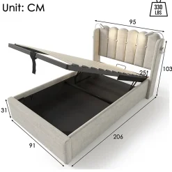 Okwish Lit Coffre 90x200 Cm - Lit Simple avec Ports USB et Lampe de Lecture - Lin - Sans Matelas - Beige Hot