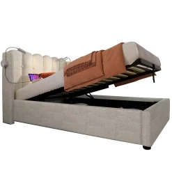 Okwish Lit Coffre 90x200 Cm - Lit Simple avec Ports USB et Lampe de Lecture - Lin - Sans Matelas - Beige Hot