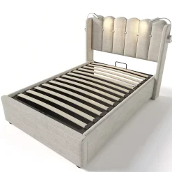 Okwish Lit Coffre 90x200 Cm - Lit Simple avec Ports USB et Lampe de Lecture - Lin - Sans Matelas - Beige Hot