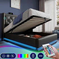 Generique Lit coffre 90x200 cm - Lit simple rembourré avec USB Type-C et LED - PU - Sans Matelas - Noir