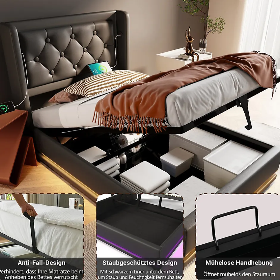 Generique Lit coffre 90x200 cm - Lit simple rembourré avec USB Type-C et LED - PU - Sans Matelas - Noir