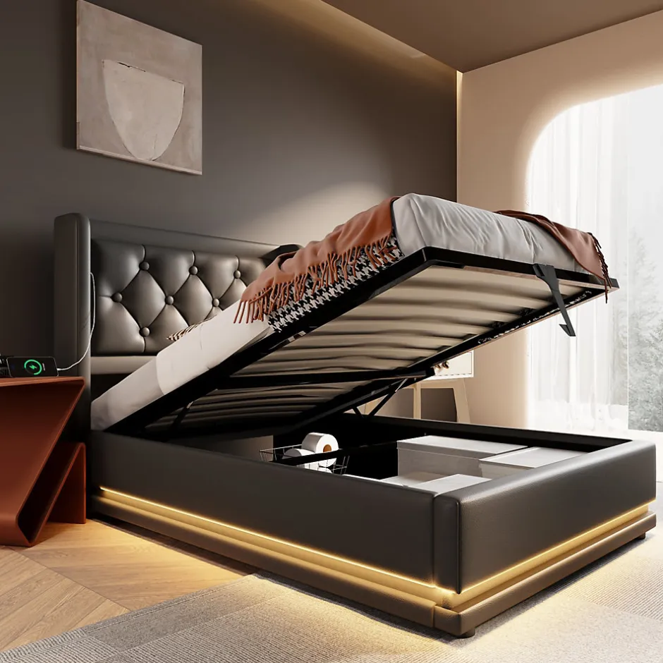 Generique Lit coffre 90x200 cm - Lit simple rembourré avec USB Type-C et LED - PU - Sans Matelas - Noir