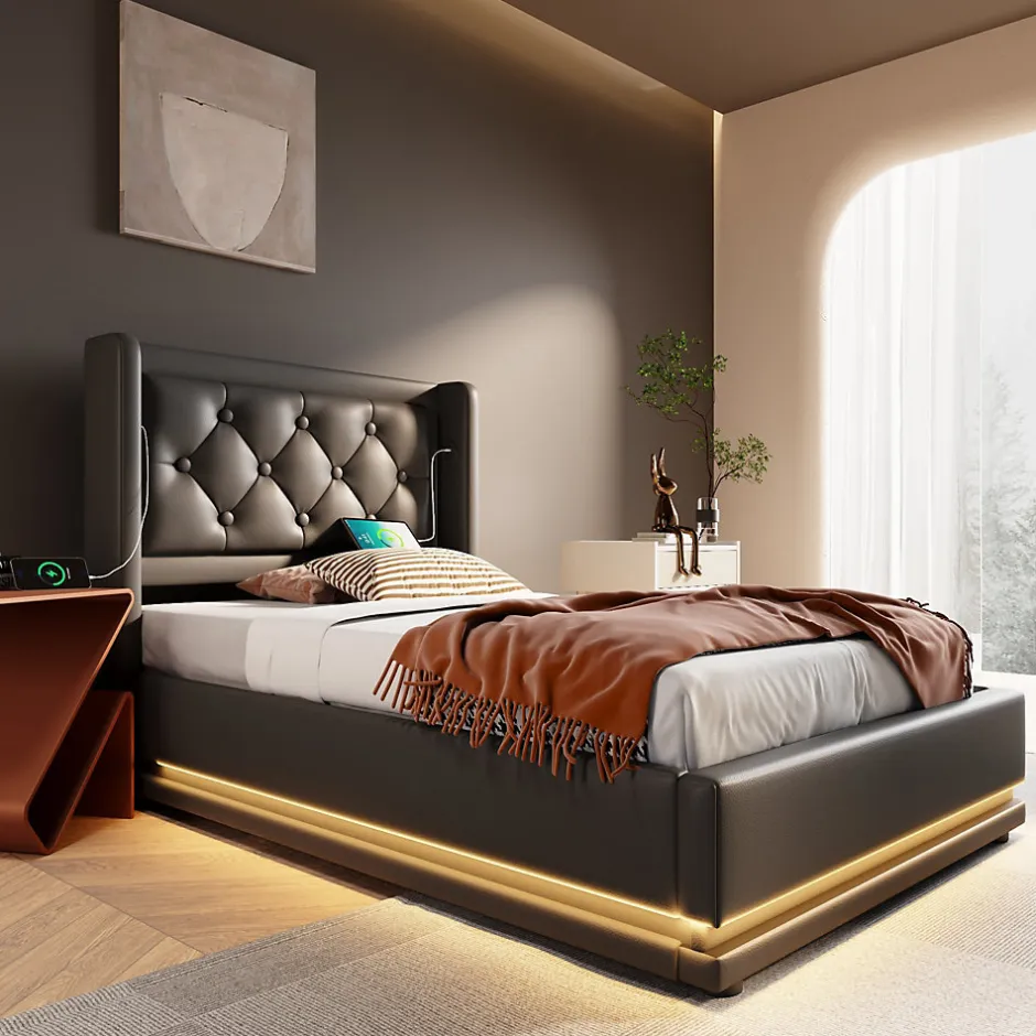 Generique Lit coffre 90x200 cm - Lit simple rembourré avec USB Type-C et LED - PU - Sans Matelas - Noir