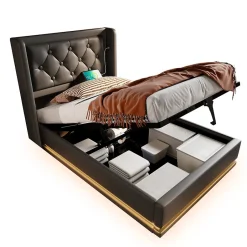 Generique Lit coffre 90x200 cm - Lit simple rembourré avec USB Type-C et LED - PU - Sans Matelas - Noir