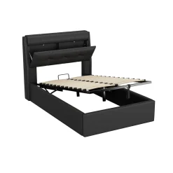 Okwish Lit Coffre 90x200 cm - Lit Simple Capitonné avec Tête de Lit et Rangement Caché - PU - Sans Matelas - Noir