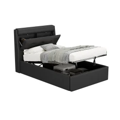 Okwish Lit Coffre 90x200 cm - Lit Simple Capitonné avec Tête de Lit et Rangement Caché - PU - Sans Matelas - Noir