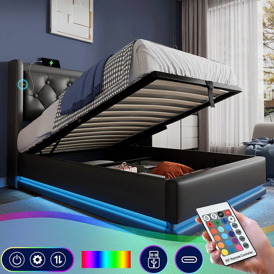 Okwish Lit coffre 90x200 cm - Lit simple rembourré avec USB Type-C et LED - PU - Matelas Inclus - Noir