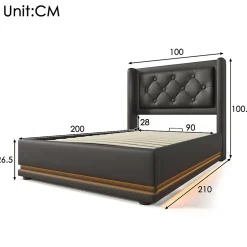 Okwish Lit coffre 90x200 cm - Lit simple rembourré avec USB Type-C et LED - PU - Matelas Inclus - Noir