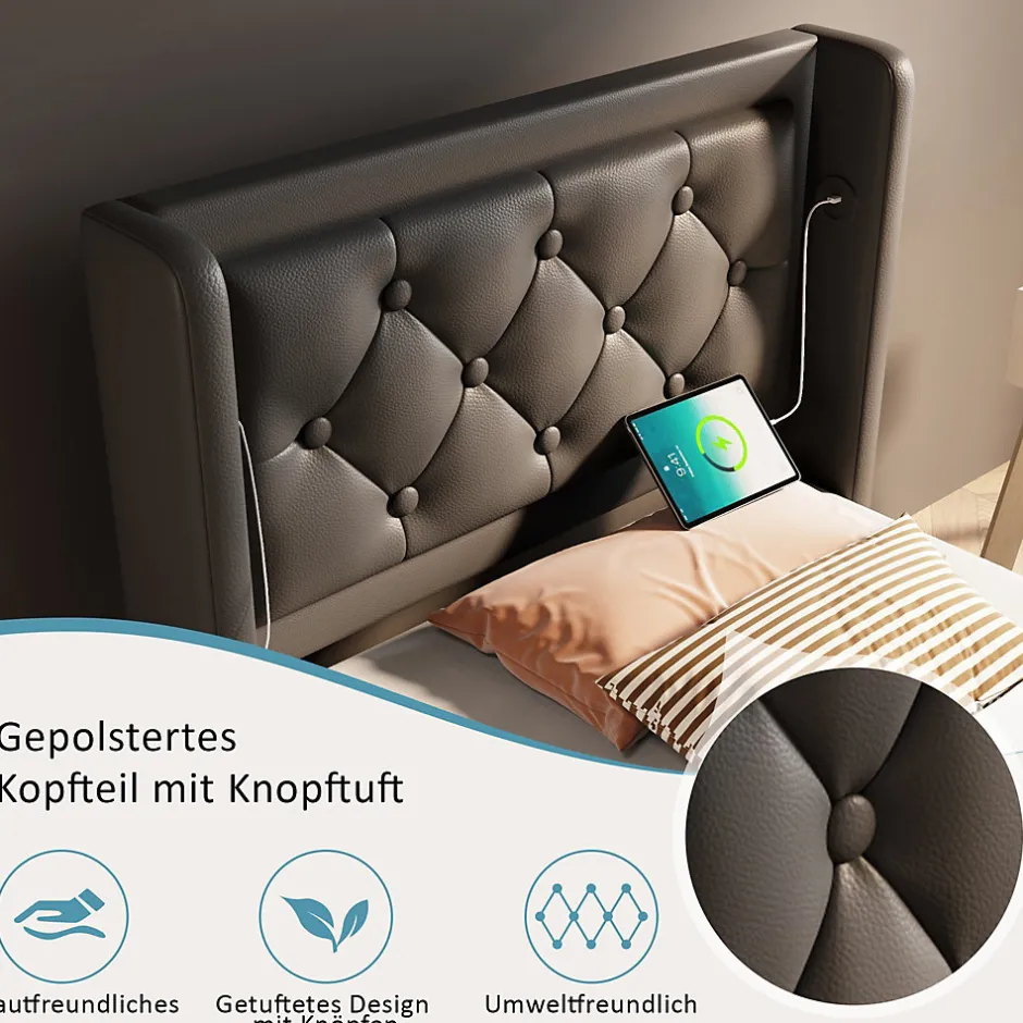 Okwish Lit coffre 90x200 cm - Lit simple rembourré avec USB Type-C et LED - PU - Matelas Inclus - Noir
