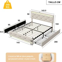 Simple Life Lit Coffre 140x190 cm, 4 tiroirs, LED, USB, Velours, Beige Hot