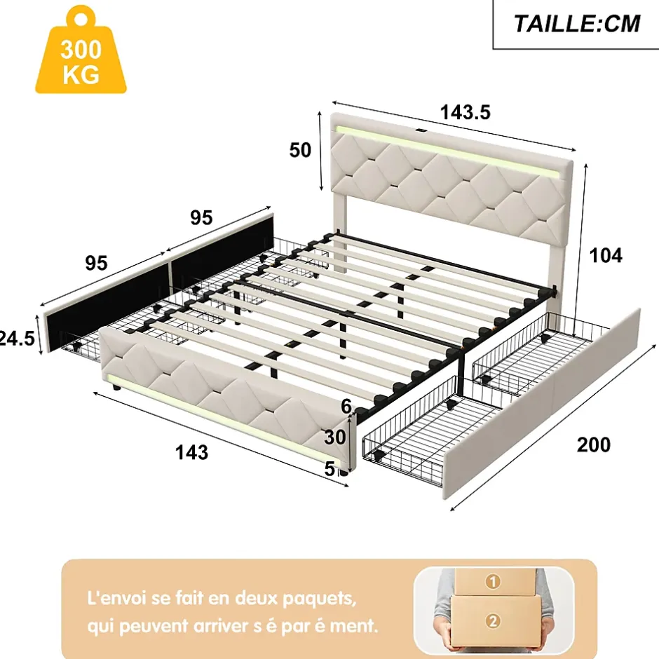 Simple Life Lit Coffre 140x190 cm, 4 tiroirs, LED, USB, Velours, Beige Hot