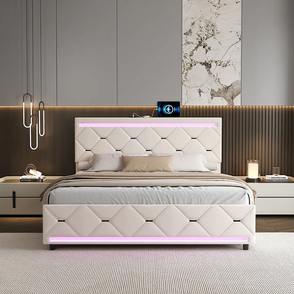 Simple Life Lit Coffre 140x190 cm, 4 tiroirs, LED, USB, Velours, Beige Hot
