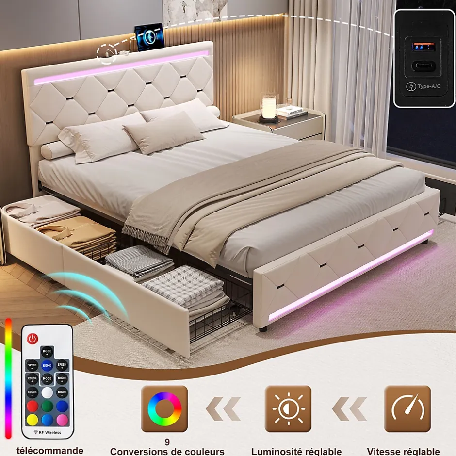 Simple Life Lit Coffre 140x190 cm, 4 tiroirs, LED, USB, Velours, Beige Hot