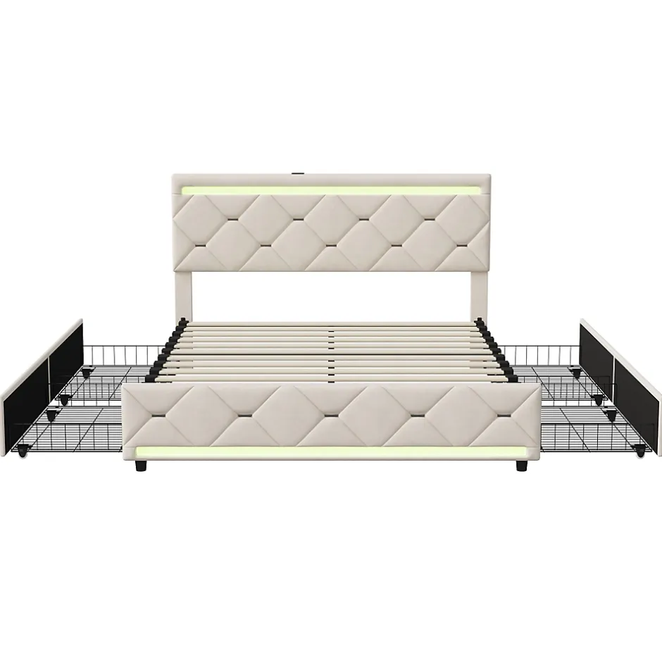 Simple Life Lit Coffre 140x190 cm, 4 tiroirs, LED, USB, Velours, Beige Hot